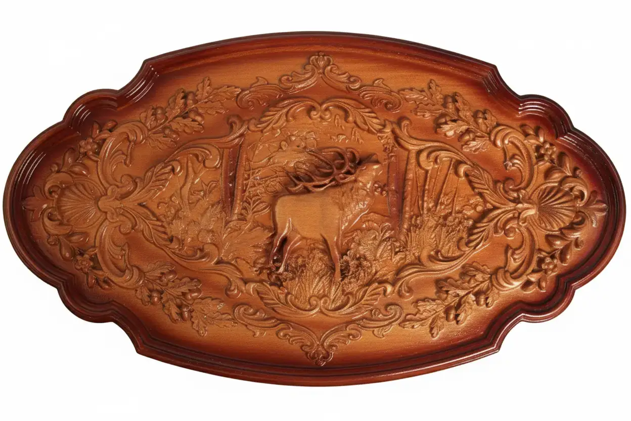 Natural wood carved panel depicting a hunting