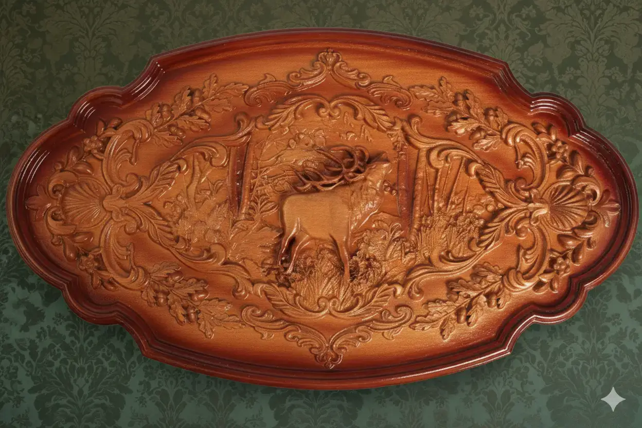 Natural wood carved panel depicting a hunting